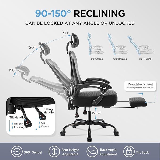 Ergonomic Office Chair with Footrest,Ultra Thick Desk Chair,Black | 150°Reclining,Mesh High Back,Adjustable 2D Lumbar Support and Headrest,4.8" Spring Cushion,Premium Computer Chair for Adults