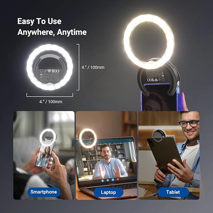 NEEWER Entry Level Version 4" Phone Selfie Ring Light Compatible with iPhone, 5W Bi Color Rechargeable Clip Lighting with 500mAh/CRI85 for Video Recording Makeup Laptop Webcam Video Conference, BR40