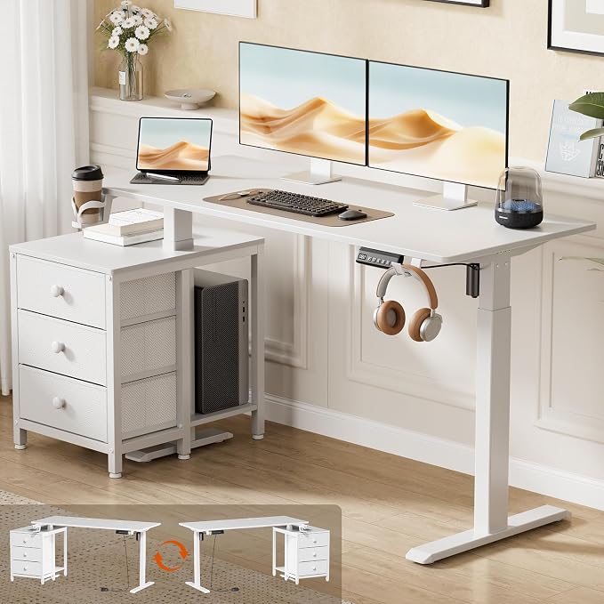 REAHOME 55 Inch White Electric Height Adjustable Standing Desk with Drawers | Dual Motor Sit-Stand Frame With 3 Memory Presets, Printer Cabinet, Hooks & Cable Management For Home Office Gaming Desk