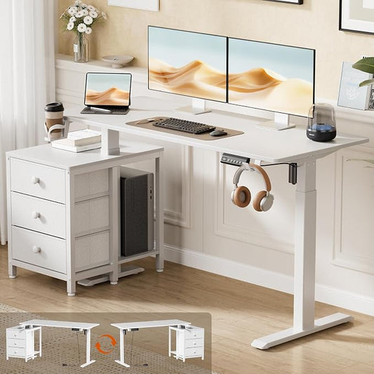 REAHOME 55 Inch White Electric Height Adjustable Standing Desk with Drawers | Dual Motor Sit-Stand Frame With 3 Memory Presets, Printer Cabinet, Hooks & Cable Management For Home Office Gaming Desk