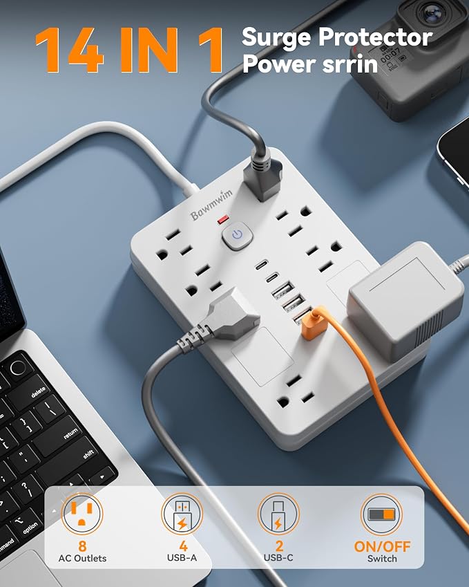 Surge Protector Power Strip - 8 Outlets(1850W/15A/14AWG) with 6 USB Ports（2 USB C, 10FT Flat Plug Extension Cord, Wall Mount Multi Plug Outlet Extender, ETL Listed for Home, Dorm Room, White