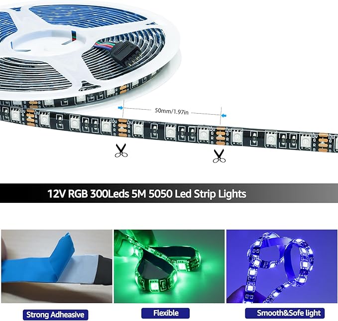 12V RGB LED Strip Lights, 16.4ft Black PCB Board 5050 IP65 Waterproof 300 LEDs Color Changing String Light Strips for Bedroom, Kitchen Decoration