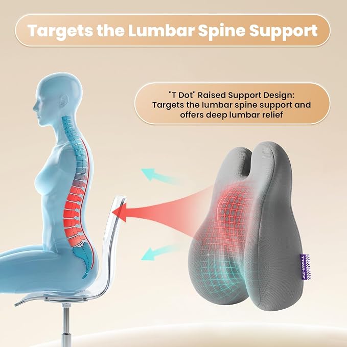 ZZ-WELL Lumbar Support Pillow for Office Chair - Ergonomic Back Support Cushion for Mid Lower Back Pain Relief, Posture Improved - Adjustable Straps, Breathable & Removable Cover (Grey)