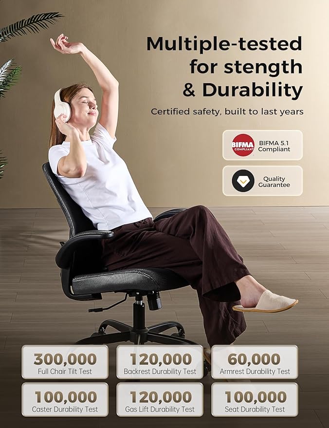 Small Mesh Office Chair with Flip-Up Arms, Ergonomic Desk Chair | Adaptive lumbar contour, 2.8inch dual-density foam and quiet casters aid computer work; 90° folding design tucks under table