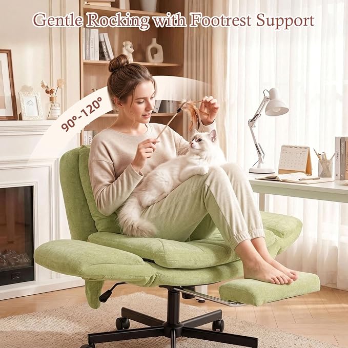 Criss Cross Office Chair with Footrest and 5-Gear Adjustable Arms, Green | Wide seat cross-legged desk chair, flip lumbar pillow, airbag support, linen fabric, for home office, vanity and meditation