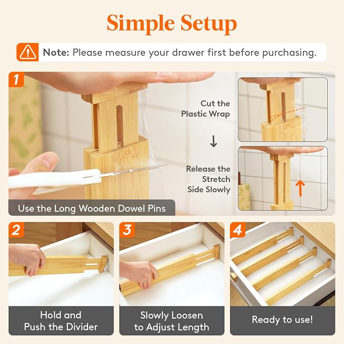 Lifewit 2.4" High 6 Pack Bamboo Drawer Dividers 33-42cm/13-16.5" Adjustable Wooden Drawer Organizer for Clothes/Utensils, Expandable Drawer Separator for Dresser/Kitchen/Bedroom/Office Organization
