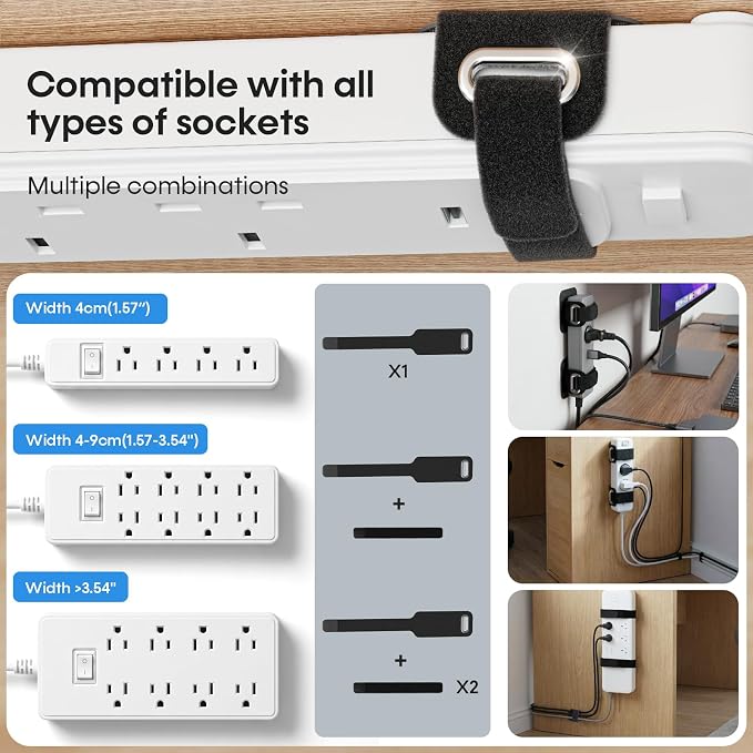 Cable Management Under Desk, Large Bundle Cord+Power Strip Organizer-8 Pair | All Power Strip Compatible, Enhanced Grip Cord Organizer, Reusable Wire Clips Hider, Home Office Essentials