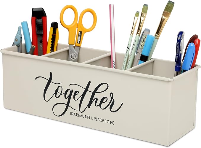 dudki Desk organizer with 4 compartments for office table | stylish Metal Desk Organizer | Stationary Storage | Pencil Holder for Office, Home, and Study Table (Together) Beige