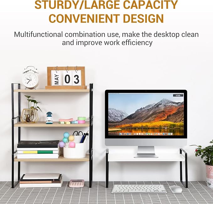YGYQZ Desk Shelf Organizer for Top of Desk, 1-Tier Desktop Bookshelf, Black & White