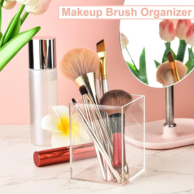 Mototo 4 Pieces Clear Acrylic Pen Holder Acrylic Pencil Cup Makeup Bush Holder Acrylic Desktop Stationery Organizer for Office, School, Home Desk Accessories - 4 Pack, Square
