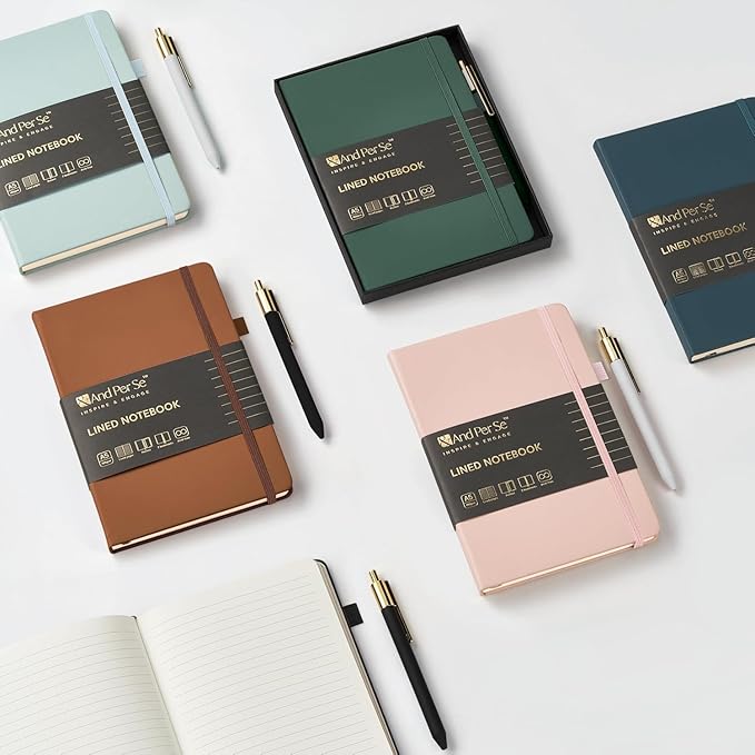 &And Per Se Lined Journal and Pen Set, A5 Leather Journal Stationery Set, 160 Pages 100GSM Thick Paper, Notebook Gift Set (Black)