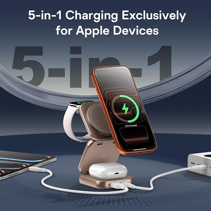5-in-1 Wireless Charger for MagSafe, AC ISLAND Portable Travel Charging Station, 35W Max Qi2 Fast Foldable Magnetic Stand, Evolved for iPhone 17-12 Series, Apple Watch, AirPods (with 35W Adapter)