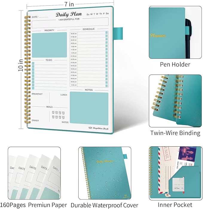 Daily Planner Undated, To Do List Notebook with Hourly Schedule Calendars Meal, Spiral Appointment Organizers Notebook for Man/Women, Pocket,Pen Loop, 160 Pages (7x10")