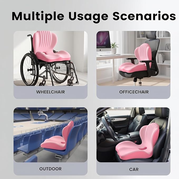 Ergonomic Seat Cushion with Lumbar Support (Pink) | Office Chair Seat Cushion, Memory Foam Orthopedic Cushion with Tailbone Hollow, Sciatica & Back Pain Relief for Long Sitting