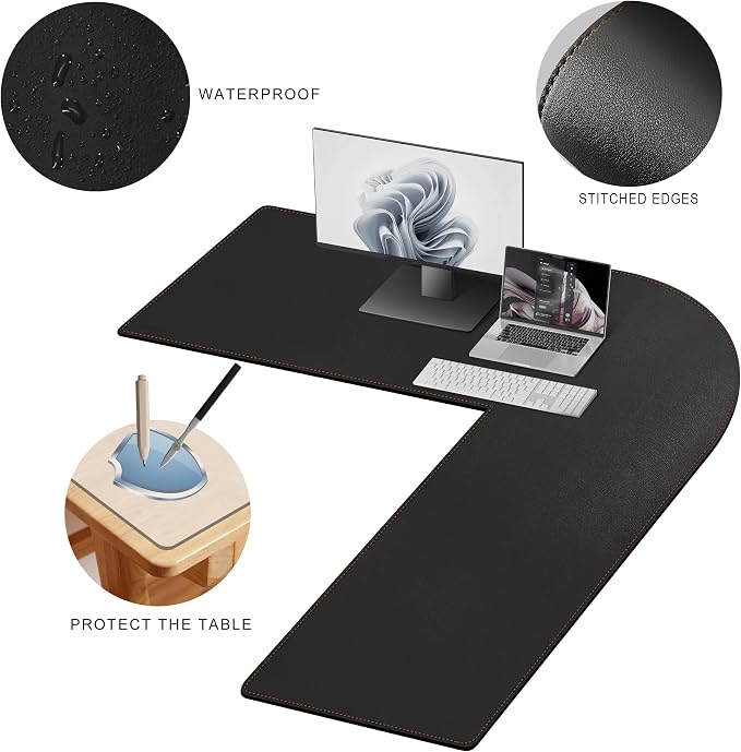 MAIDERN (55”+ 55”) x19.6” L Shaped Corner Desk Mat, Leather Desk Pad for Gaming Computer Office Home (Black)