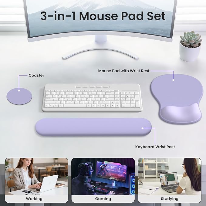AKIT Ergonomic Mouse Pad and Keyboard Wrist Rest Set,Memory Foam,Purple | 3-in-1 Set Includes Mouse Pad and Keyboard Wrist Rest Memory Foam for Comfort Non-slip Base Suitable for Home Office Gaming