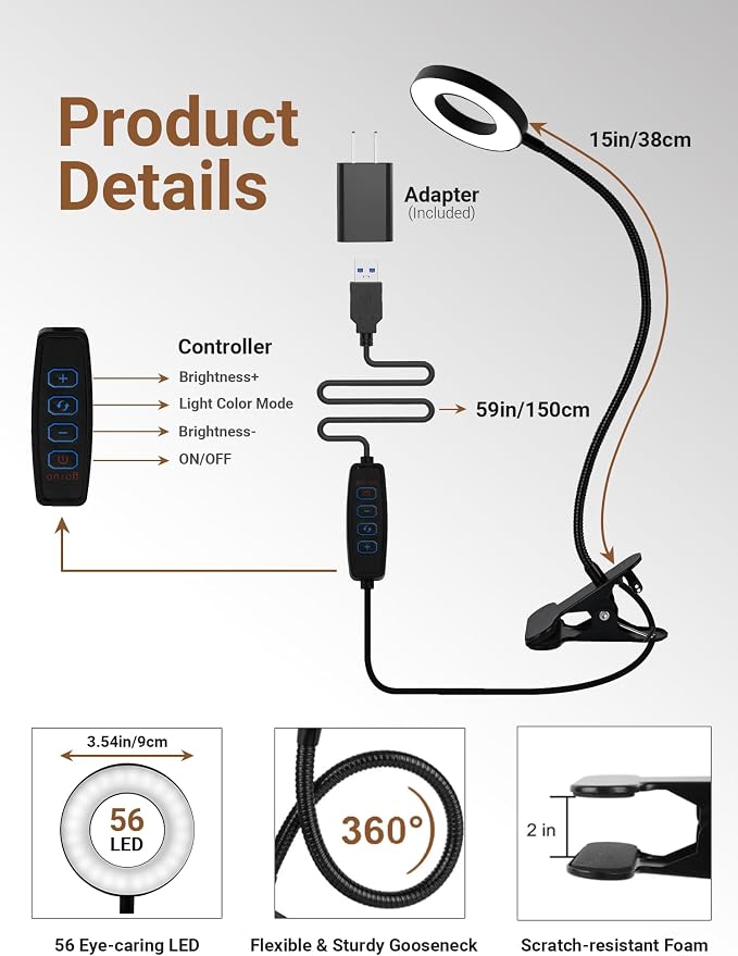 Clip on Lamp,5 Colors+10 Brightness Memory LED Desk Lamp with Clamp Light | 550lm Bright Clip on Light for Bed Headboard/Bedside Table,360° Adjustable Reading Light for Bed/Dorm/Nail/Puzzle,USB Adapter