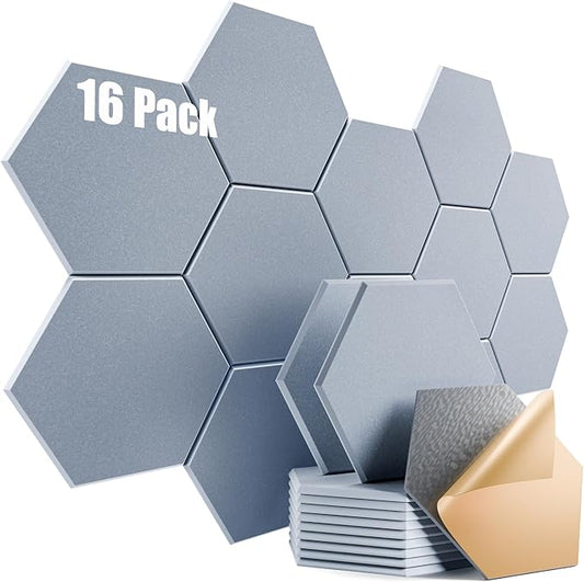 16 Pack Self-Adhesive Acoustic Panels 12" X 10" X 0.4" - Sound Proof Foam Panels for Wall with High Density, Hexagon Design, Flame Resistant, Absorb Noise and Eliminate Echoes(Smoke Gray)