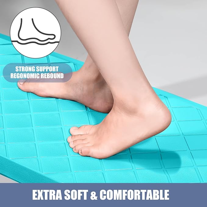 Cushioned Kitchen Mat 2 PCS, Anti Fatigue Kitchen Rugs, Heavy Duty Non-Skid, Ergonomic Comfort Foam Kitchen Floor Mat for Home, Office, Sink, Laundry, Teal