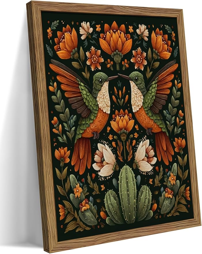 Framed Mexican Hummingbird Wall Art, Vintage Birds Animal Canvas Wall Decor Painting, Colorful Floral Cactus Botanical Poster Print Picture for Living Room Bedroom Bathroom 12x16 Inch