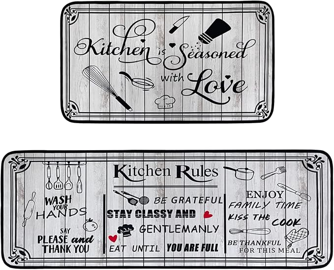 Voanos Kitchen Rugs,Non Skid Washable Microfiber mats for Kitchen Floor, Vintage Farmhouse Kitchen Cushioned Runner Rug Decor Sets of 2,Size 17"x 47"+17"x 30"，Kitchen Rules White