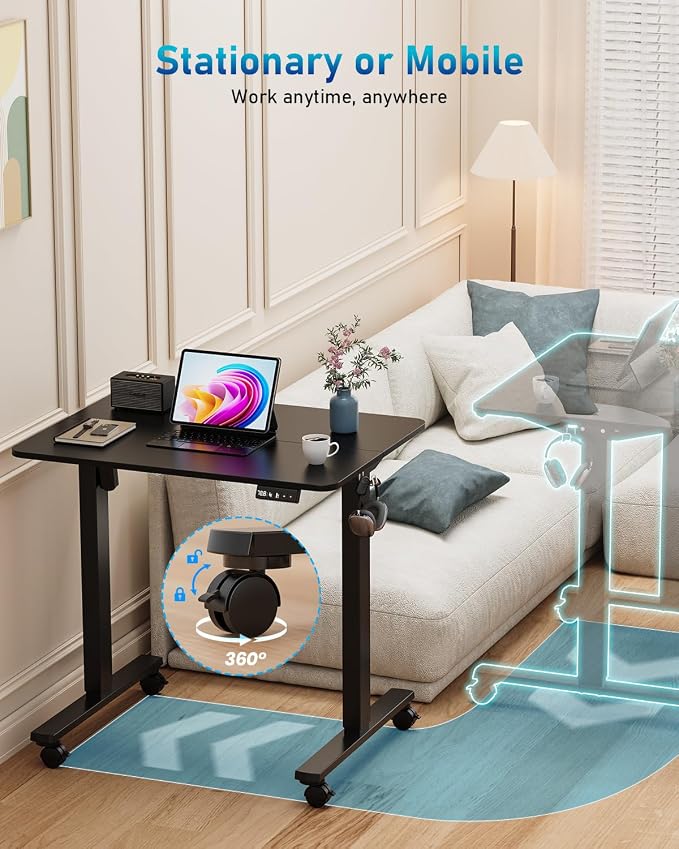 32" Small Electric Rolling Standing Desk Adjustable Height, Mobile Sit Stand up Desk with Lockable Casters for Home Office & Computer Workstation, Splice Board, 2 Hooks, Black Frame/Black Top