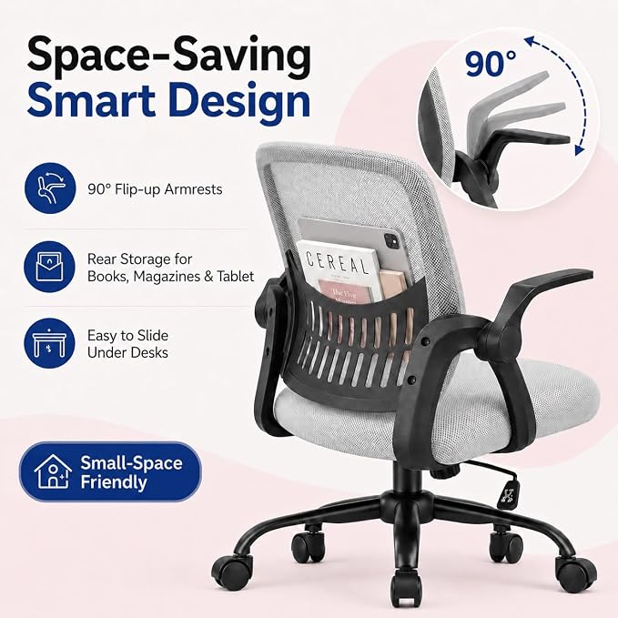 Ergonomic Office Chair, Home Office Desk Chair, Breathable Mesh Desk Chair with Adjustable Lumbar Support and Flip-up Armrests, Game Chairs, 360° Swivel Desk Chairs for Conference, Meeting Room(Grey)