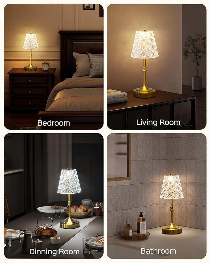 JACKYLED Cordless Lamp Rechargeable, Acrylic Crystal Lampshade, 3 Colors with Built-in Dimmer, 5000 Capactiy Power Operated Wireless Lamp for Kitchen Counter Bedroom Living Room