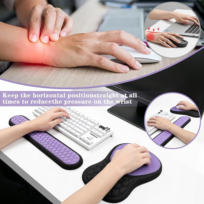 Ergonomic Wrist Rest for Keyboard and Mouse Pad Support Set, Soft Memory Foam Massage Design Relieves Wrist Pain, Non-Slip PU Base for Computer Desk (2-in-1 * Black + Purple)