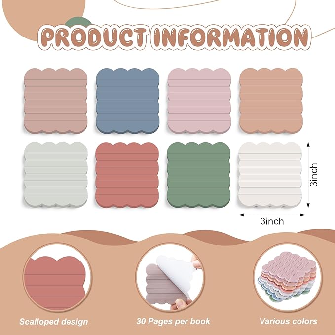 Eaasty 8 Pack Scalloped Aesthetic Sticky Notes Bulk Vintage Colors Cute Wavy Self Sticky Note Pads 3" x 3" Lined Note Pads for Back to School Office Supplies 240 Sheets