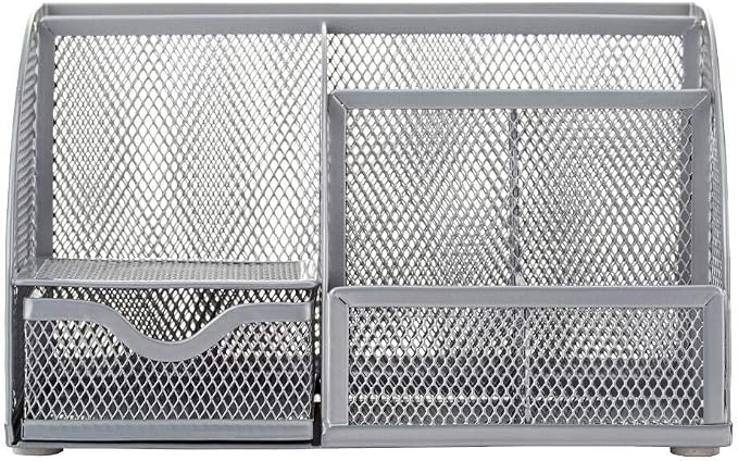 Annova Mesh Desk Organizer Office with 7 Compartments + Drawer/Desk Tidy Candy/Pen Holder/Multifunctional Organizer (Silver)