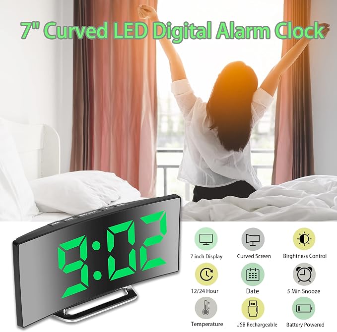 Digital Alarm Clock for Bedrooms, Bedside Mirror Clock with Modern Curved Design, 2 Brightness, 12/24H, Snooze, USB Power Supply, Power-Off Memory(Green)