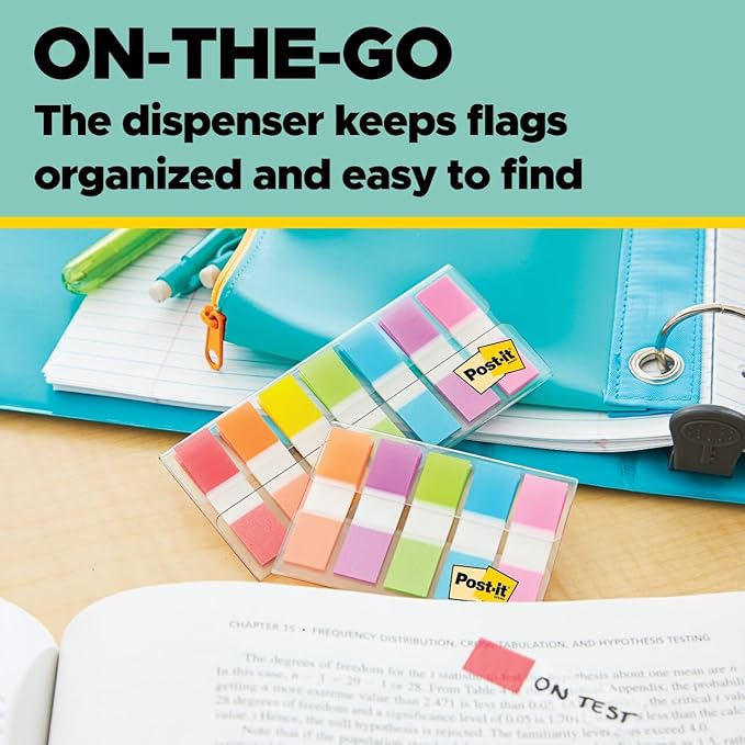 Post-it Flags, 0.94 in. x 1.7 in., One Dispenser with 20-Count Sticky Tabs in Alternating Colors (60 Flags Total), Removable Page Markers for Planners, Journals, and Calendars
