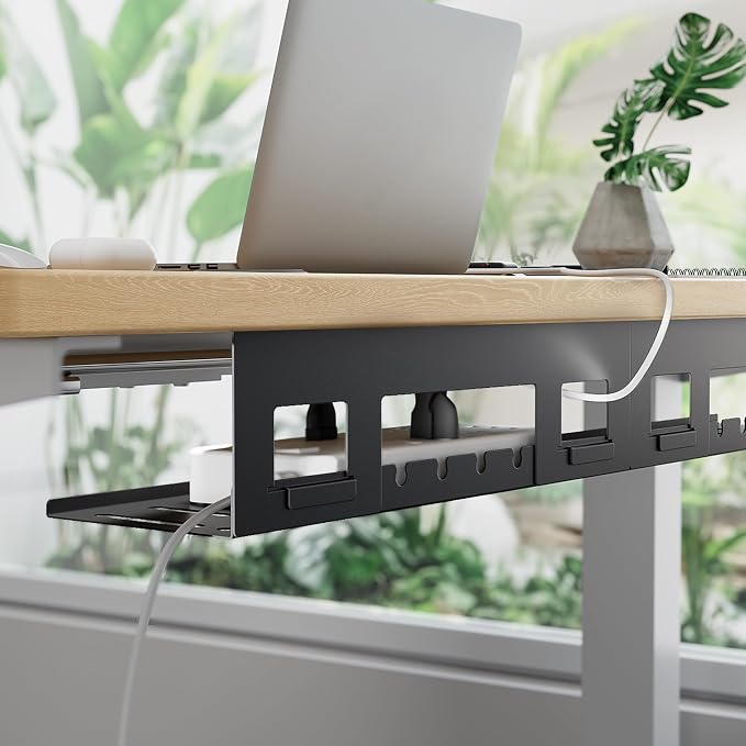 Under Desk Cable Management Tray, 31.5'' Screw-Mount Steel Rack | Metal Cord Organizer for Power Strips, Chargers, Reversible Installation, Effortless Wire Management for Home Office, Black