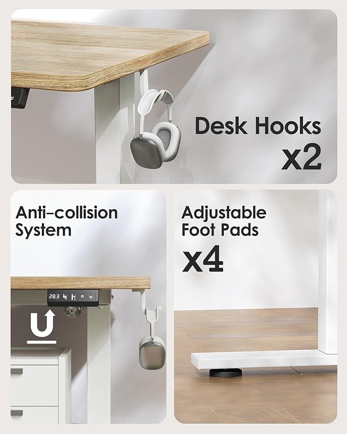 TIQLAB Electric Height Adjustable Standing Desk 47.2×23.6 inch, Sit Stand Desk for Work, Study, Memory Controller, White Frame & Maple Top Computer Workstation for Home Office