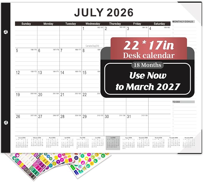 Gannyfer Desk Calendar 2026-2027, Large Desk Calendar 22" x 17", Use Now to Mar 2027, 18 Monthly Academic Desktop Calendar 2026 with To-Do List, Desk Calendar 2026 for Office, School, Home(6 Stickers)