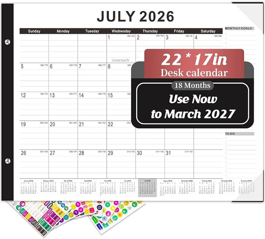 Gannyfer Desk Calendar 2026-2027, Large Desk Calendar 22" x 17", Use Now to Mar 2027, 18 Monthly Academic Desktop Calendar 2026 with To-Do List, Desk Calendar 2026 for Office, School, Home(6 Stickers)