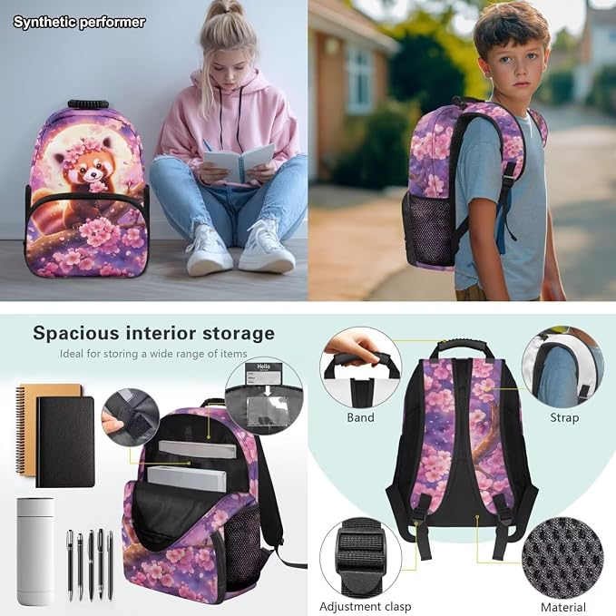 Red Panda Backpack Set for Girls – 17 Inch Cute Cartoon Bookbag with Lunch Bag, Cherry Blossoms Backpacks for 1st 2nd 3rd Grade Elementary Kids Ages 6-8 Back to School