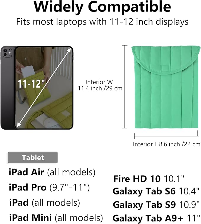 Puffy Laptop Sleeve 11-12 Inch Light Green, Protective Carrying Case for Men and Women, Cute Case Bag Compatible with 11 and 12 Inch Laptops, 10.9" Ipad 10, 10.2" Ipad 7 8 9 in Cover