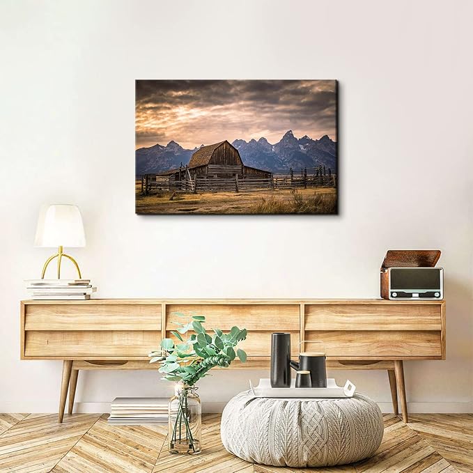 Grand Teton National Park Canvas Wall Art Sunset Moulton Barn Landscape Wall Decor, Wyoming Nature Mountains Scenery Picture Artwork Painting Decoration for Home Living Room Bedroom Kitchen 24x36"