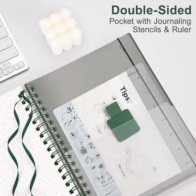 RETTACY Dotted Journal Notebook, 300 Pages, B5 Medium Size (7.4'' × 10''), 100 GSM Thick Paper, Flexible Plastic Cover, Spiral-bound, for Journaling, Planning, Tracking (Deep Green)