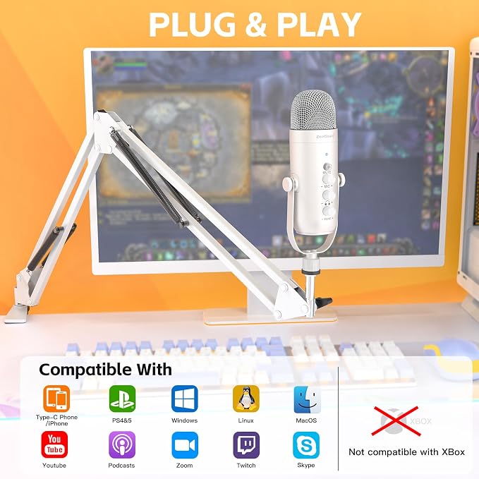 ZealSound Gaming Microphone for PC, USB Podcast Microphone with Noise Reduction, Mute & Gain Control, Zero-Latency Monitoring, Echo Control, Boom Arm, for Mac, iPhone, Stream, YouTube, TikTok (White)