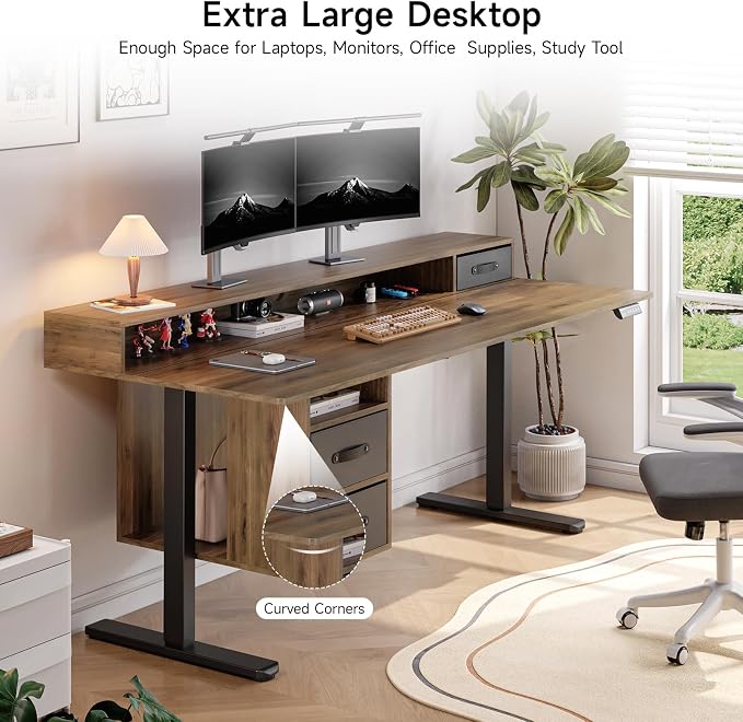 ONBRILL Standing Desk with Drawers, 63x24 Inch Electric Stand Up Desk with 3 Drawers and Open Storage Shelf, Adjustable Height 28-46 Inches for Home and Computer Workstation, Walnut