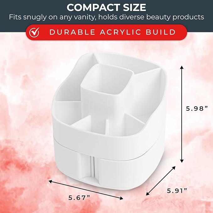 Masirs Small 360 Rotating Makeup Organizer, 5 Compartments, Square White | Small 360 Rotating Makeup Organizer, 5 Compartments, Acrylic Mini Lazy Susan, Vanity Bathroom Counter, Square White