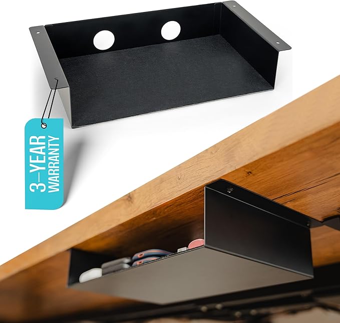 COREMINDED Under Desk Storage Shelf - Carbon Steel Under Desk Tray with Cable Management, Mountable Add-On Shelf for Table & Office Desks (13" x 8" x 2.8")