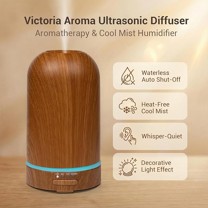 Ultrasonic Essential Oil Diffuser 100ML - Cool Mist Humidifier, 7-Color LED Lights, 3 Timer & Auto Shut-Off, Ideal Gift for Home Bedroom Office (Wood Brown)