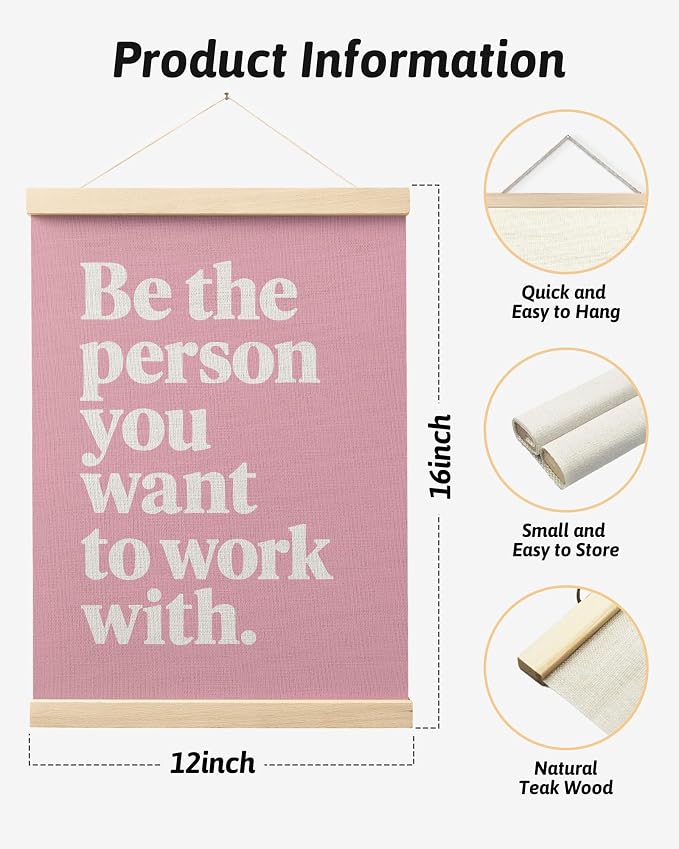 FGFK Inspirational Pink Office Wall Art Poster Hanger Frame, Girly Be the Person You Want to Work with Motivational Teamwork Canvas Prints Framed Wall Decor for Office Workplace, 12x16 Inch