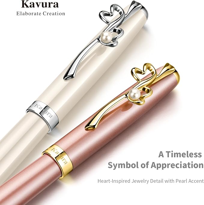 Heart & Pearl Rollerball Pen – Luxury Brass Pen Gift Set for Women, Jewelry-Inspired Design, Glossy Finish, with German Refill, Meaningful Gift for Her, Mother’s Day or Birthday (Pearl White)