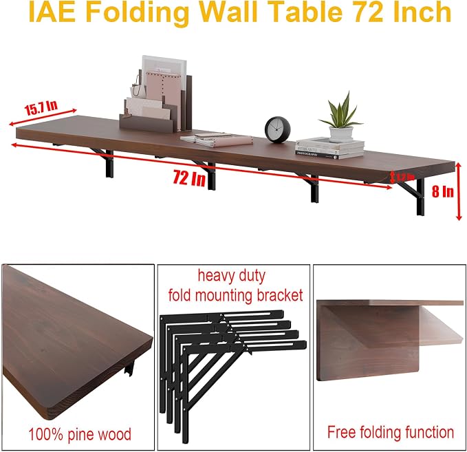 IAE Wall Mounted Folding Table with Pine Wood,72" x 16" Floating Wall Desk,Laundry Folding Table with Shelf Brackets,Fold Down Desk Shelf,Folding Workbench for Home,Dining,Laundry Room,Kitchen,Brown
