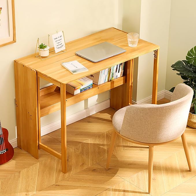 Folding Desk for Small Space, Computer Desk with Bookshelf Multifunctional Bamboo Rectangular Dining Table Work Desk, Writing Desk for Student Office, 40.5" W x 29.9" H (Wood Color)